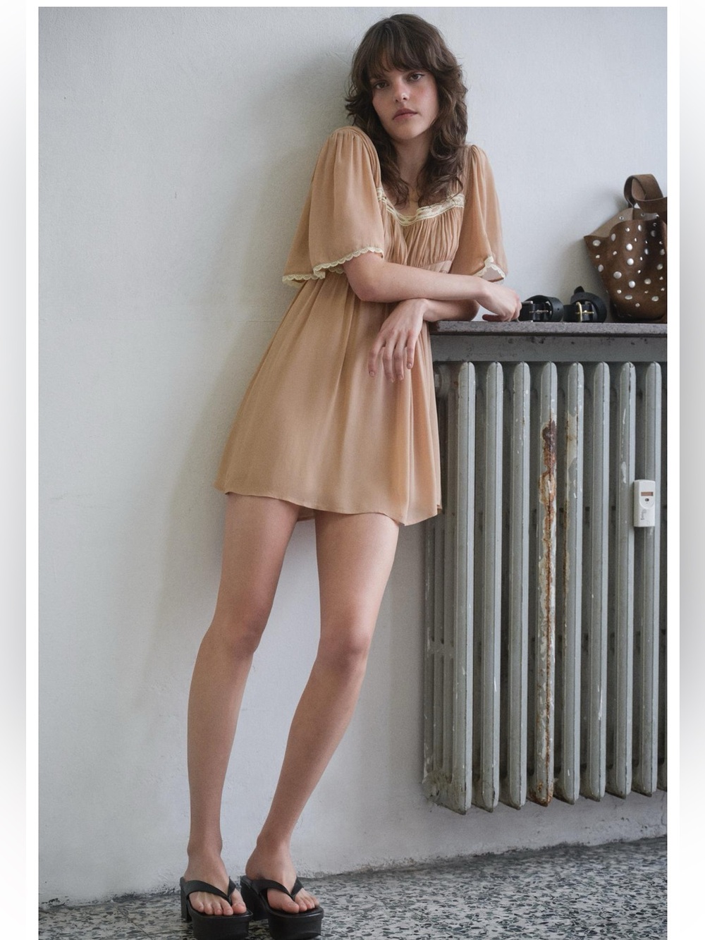 ZARA Beige Short Flutter-Sleeve Mini Dress Size M NWT